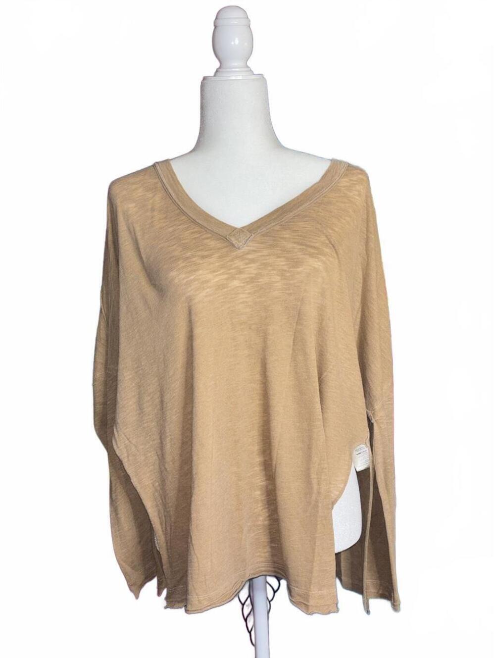 Free People tan cotton & polyester blended over sized blouse with side slits
